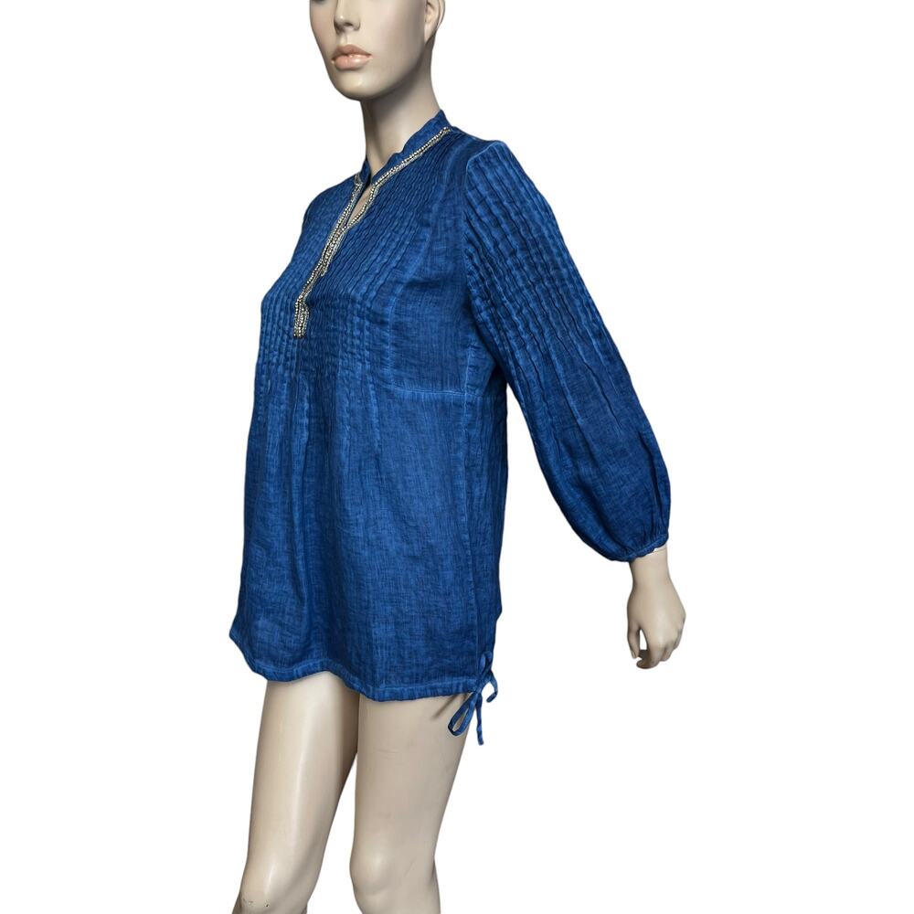 120% Lino Blue Conscious Split-Neck Linen Blouse Rhinestone Embellishment Sz M - Picture 2 of 12